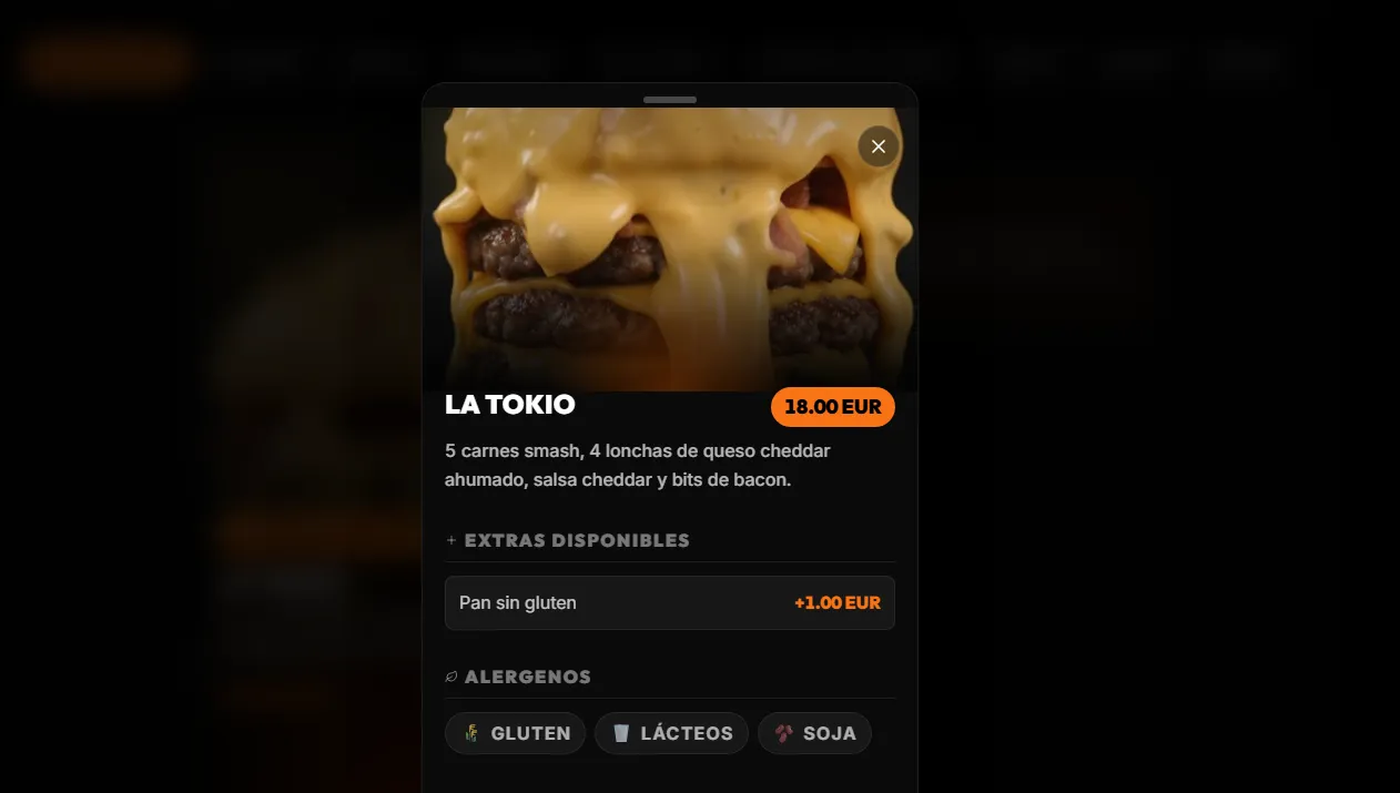 Ficha de producto con alérgenos e ingredientes en el menú móvil