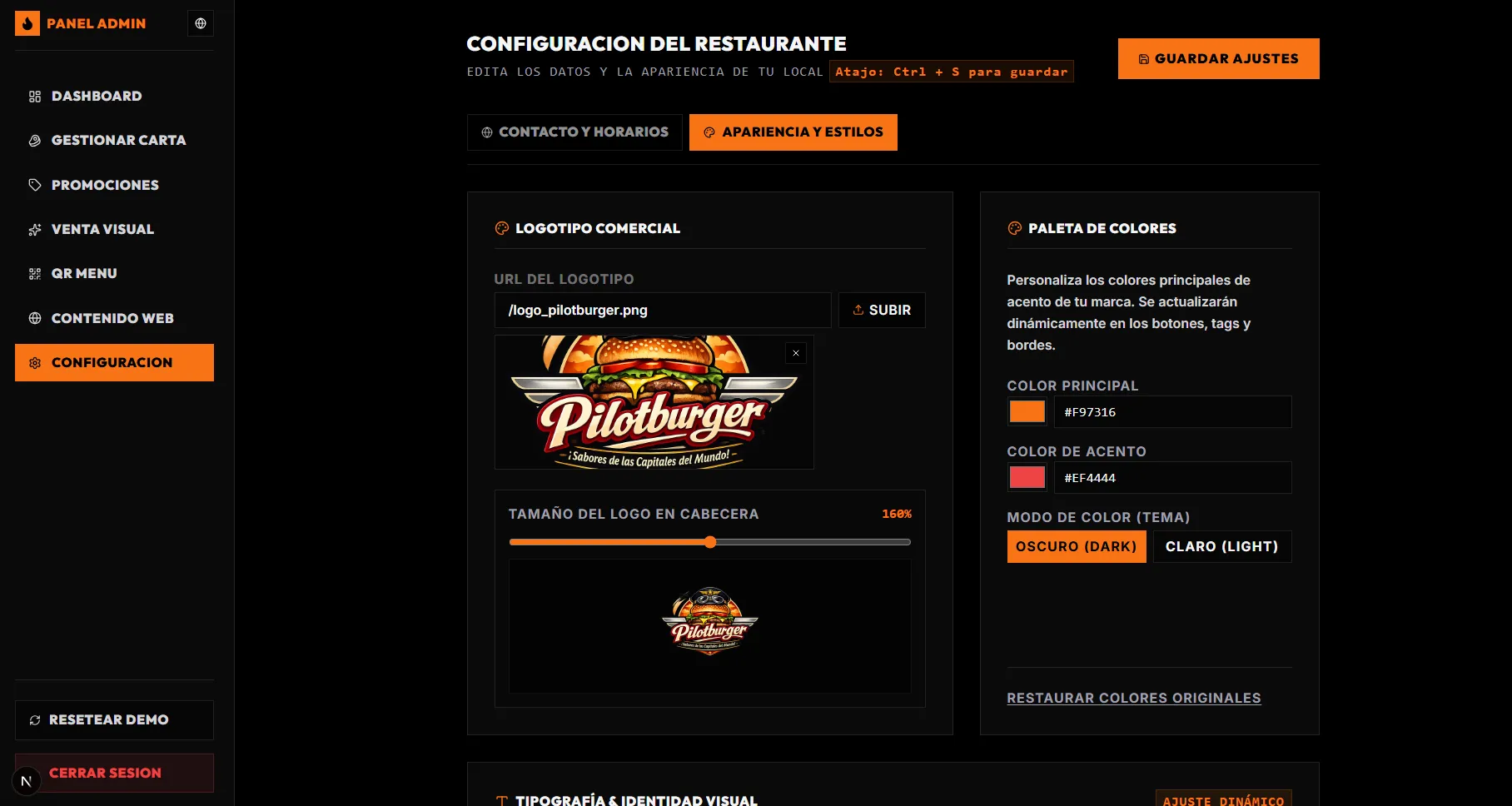 Configuración de logo, colores y marca en el panel