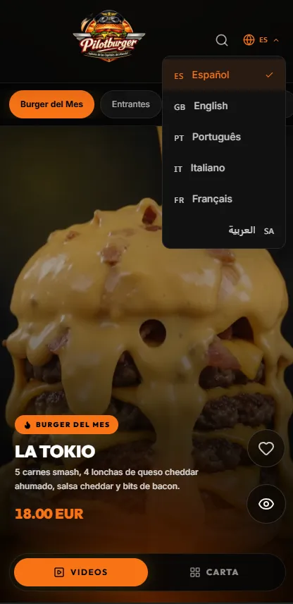 Selector multiidioma del menú móvil